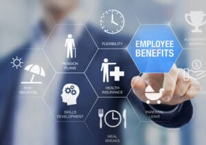 Employee benefits compensation package with health insurance, paid vacation, pension plans, parental leave, perks and bonuses. Payroll reward management and social security. Human resources concept.