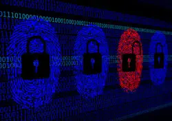 Cybersecurity concept - Open and closed locks with digital fingerprints from an hacker