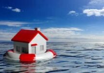 Life buoy and a small house on blue sea and sky background. 3d illustration