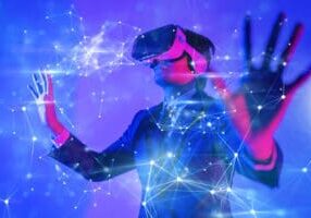 Metaverse digital cyber world technology, man with virtual reality VR goggle playing AR augmented reality game and entertainment, futuristic lifestyle