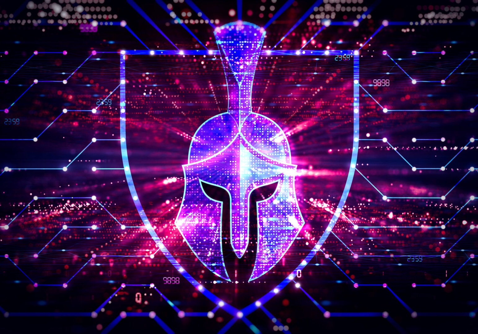 Network Protection Concept with Spartan Helmet Surrounded by Digital Network on Abstract Technology Background - Zero Trust Solutions - Innovation in the Cybersecurity Field