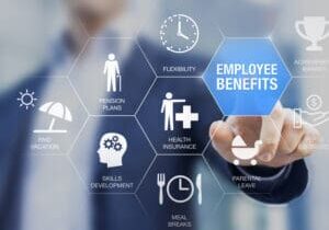 Employee benefits compensation package with health insurance, paid vacation, pension plans, parental leave, perks and bonuses. Payroll reward management and social security. Human resources concept.