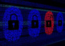 Cybersecurity concept - Open and closed locks with digital fingerprints from an hacker